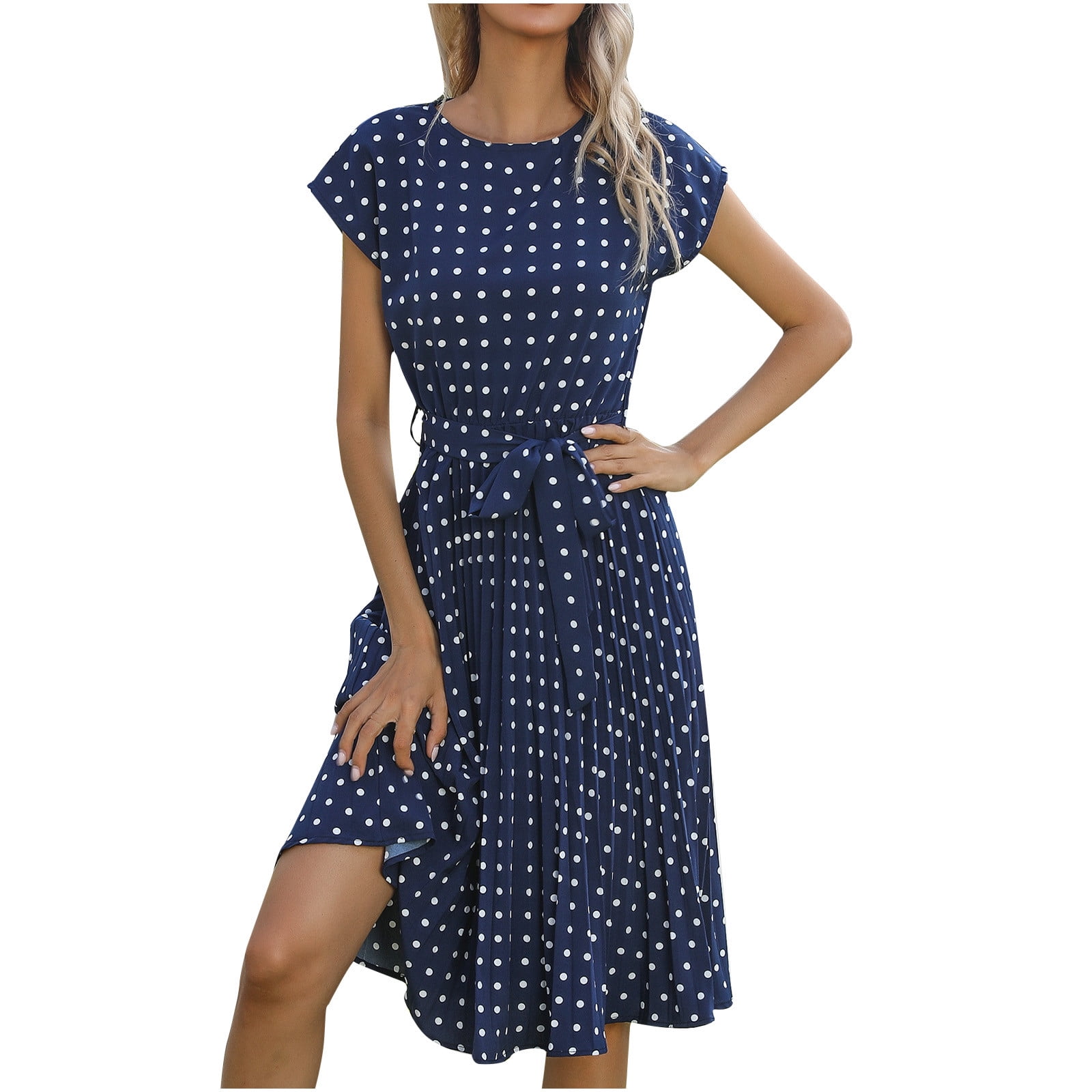 Wuztai Casual Dresses for Women V-Neck Polka Dot Short Sleeve Beach Midi  Dress with Bandage Slim Fit Summer Sundresss