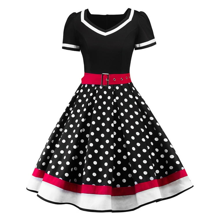 CLEARANCE Sundresses for Women Vintage V Neck Dresses Swing Dress Fashion Women Wave Point Print Patchwork Short Sleeve Retro Dresses 1035 Ms