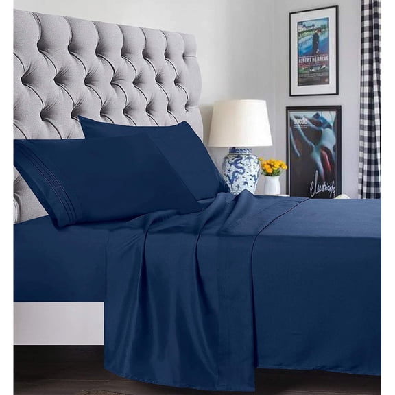 Super Soft 1500 Series Deep Pocket 4 Piece Bed Sheet Set, Microfiber - Queen Navy Blue