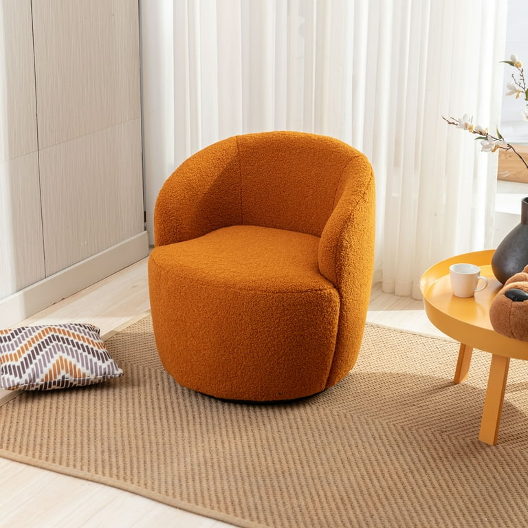 CLEARANCE Teddy Fabric Swivel Accent Armchair Barrel Chair With Black Powder Coating Metal Ring Caramel
