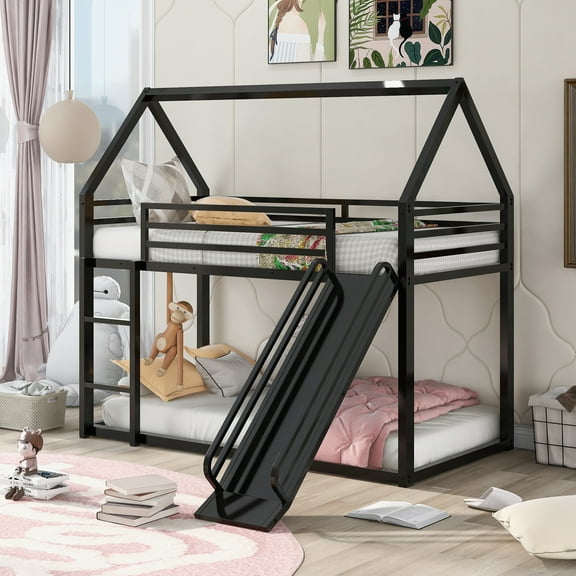 CLEARANCE! Twin over Twin House Bunk Bed with Ladder and Slide,Black
