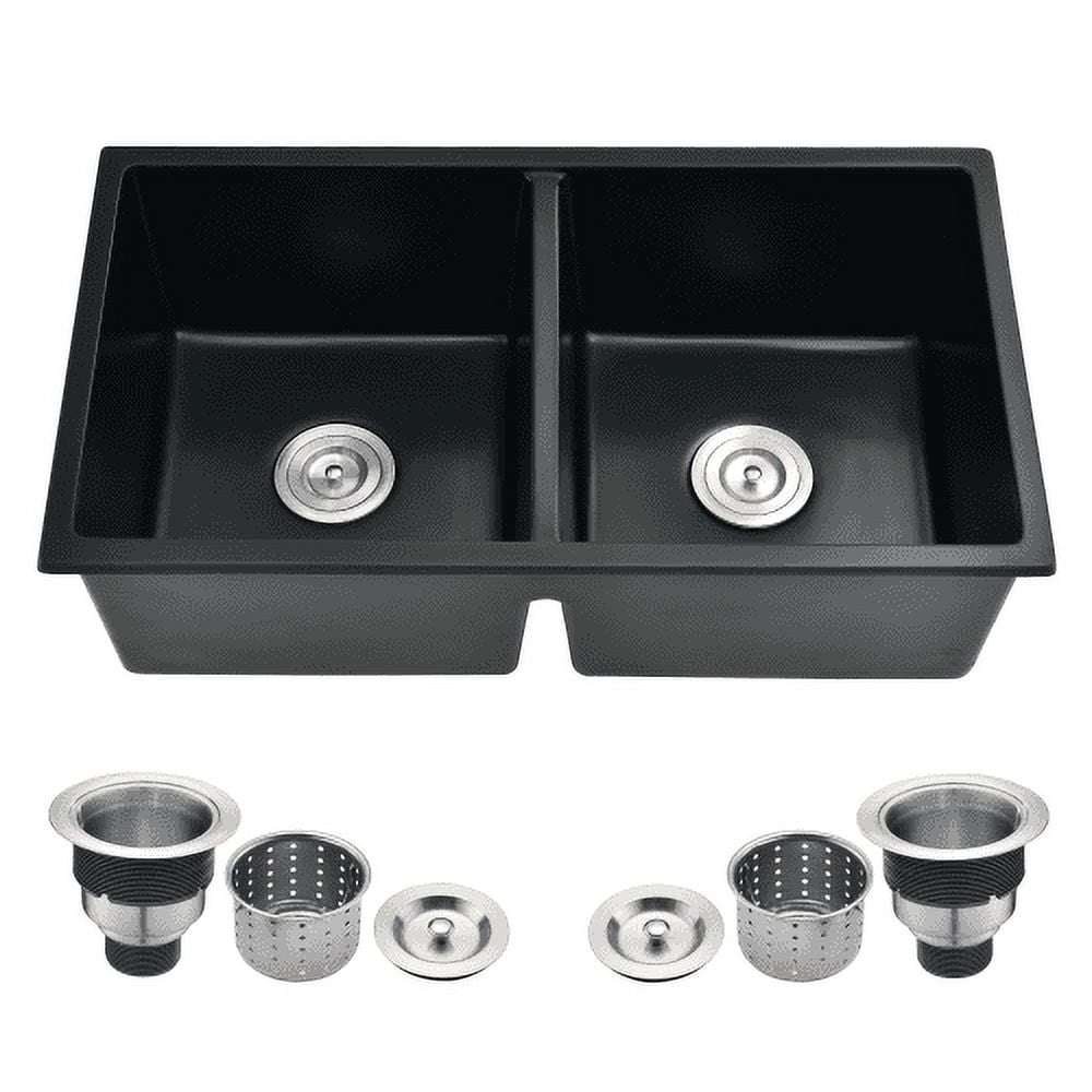 Matte Black Quartz Double Bowl Undermount Kitchen Sink with Basket Strainer