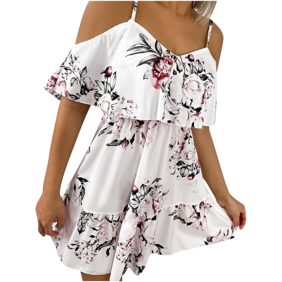 CLEARANCE V Neck Dresses for Women Short Sleeve Dresses 2023 Casual Spaghetti Strap Dresses Womens Summer Print Ruffle Blouse Loose Dresses Ladies Stitching Strapless Dress White M