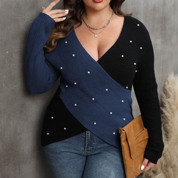 CLEARANCE WOMENS CLOTHING Toonshare Plush Crop Sweaters for Women Plus Size Women's V-Neck Color-Block Long Sleeve Loose Plus Size Fashion Knitted Sweater for Autumn and Winter Blue XXL