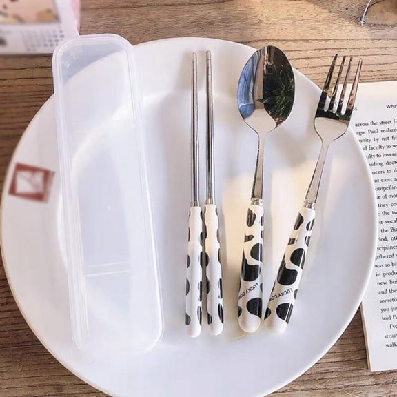 [CLEARANCE sales]INS Portable Chopsticks Cutlery Gift Cartoon Ice Net Red Spoon Ceramic Spoon Stainless Steel Tableware Black And White Cows Three-piece Set