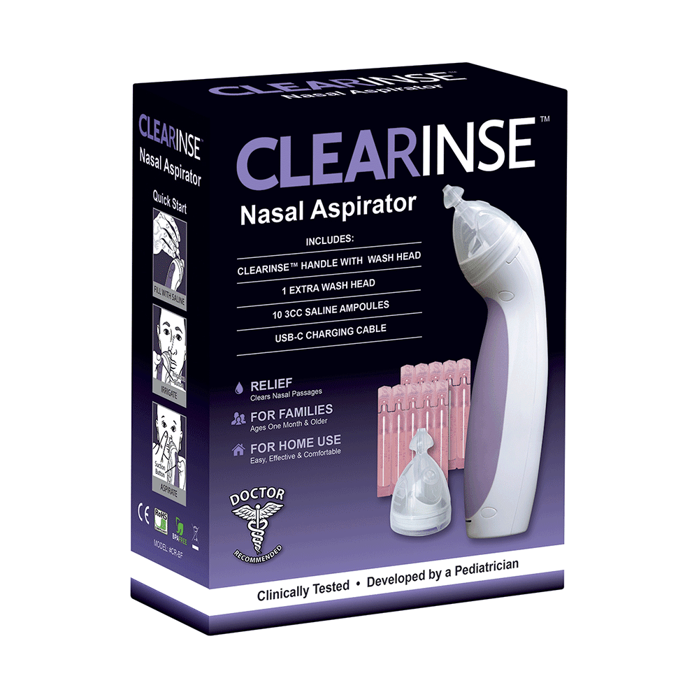 Kit de inicio de aspirador nasal | 1 aspirador eléctrico CLEARinse, 2  cabezales de lavado, 10 cápsulas salinas | Acción rápida | Seguro para  bebés 
