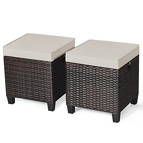 CLEEMAN Outdoor Ottoman Set of 2, All Weather Rattan Wicker Patio Ottoman w/Removable Cushions, Outdoor Footstool Footrest for Patio Garden Porch Poolside (Brown)