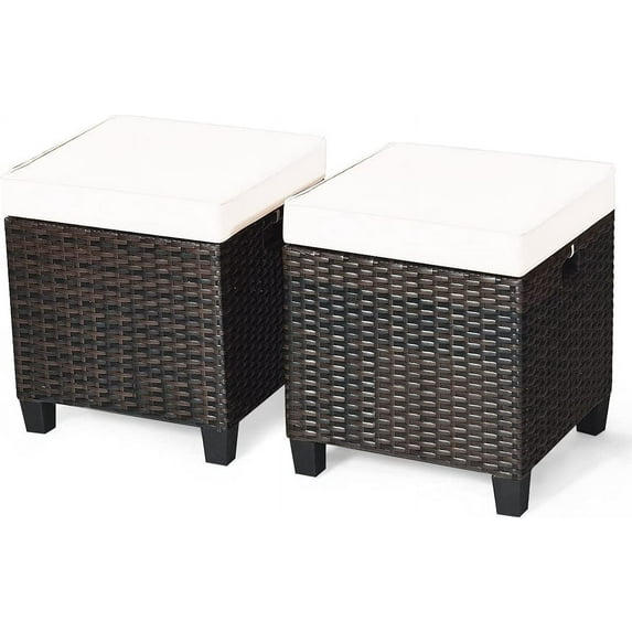 CLEEMAN Outdoor Ottoman Set of 2, All Weather Rattan Wicker Patio Ottoman w/Removable Cushions, Outdoor Footstool Footrest for Patio Garden Porch Poolside (Cream)