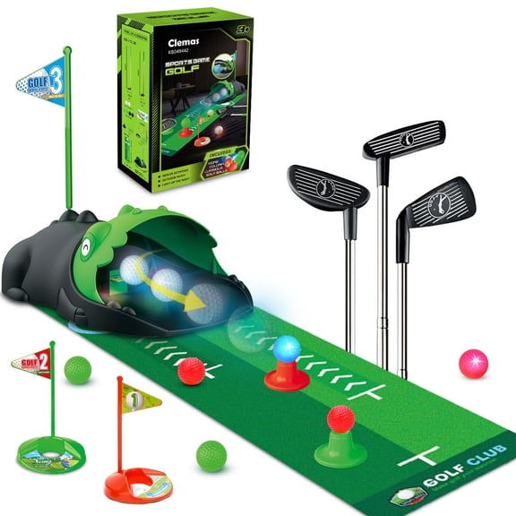 CLEMAS Kids Toy Golf Set with Dinosaur Returner and LED Golf Balls Golf Mat for Kids Aged 3+