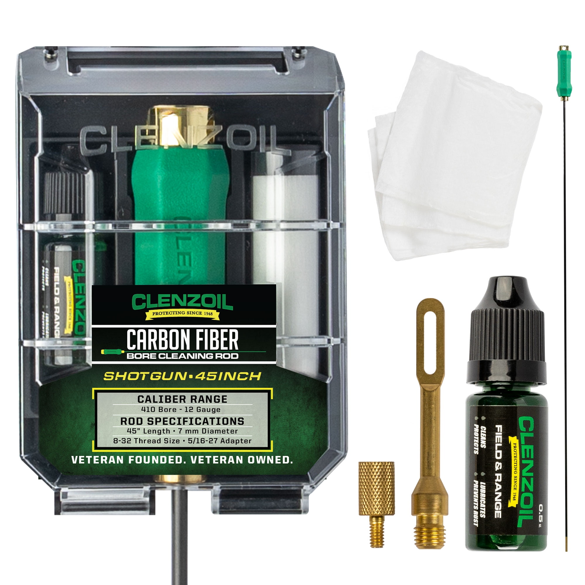 CLENZOIL Carbon Fiber Gun Cleaning Rod Kit | 45" Shotgun Cleaning Rod for 410 to 12 Gauge | Includes Carbon Fiber Rod (7mm), CLENZOIL CLP Solution, Cotton Patches, Thread Adaptor & Patch Puller