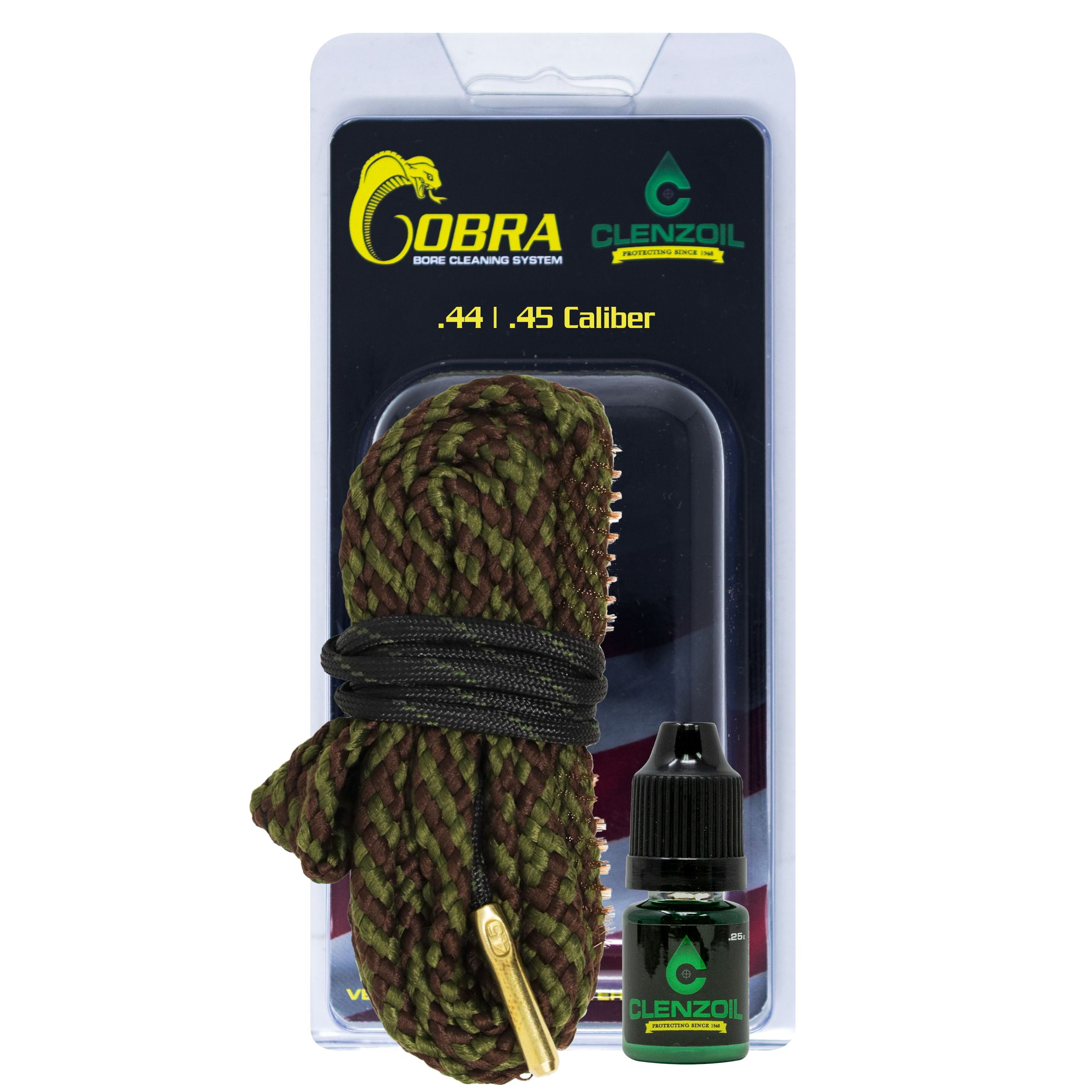 CLENZOIL Field & Range 44|45 Caliber Cobra Bore Cleaner for Pistol | Gun Barrel Cleaning Tool for 44 Cal, 44 Mag, 45 Cal, 45 ACP | Brass Brush Embedded in Cotton Bore Rope