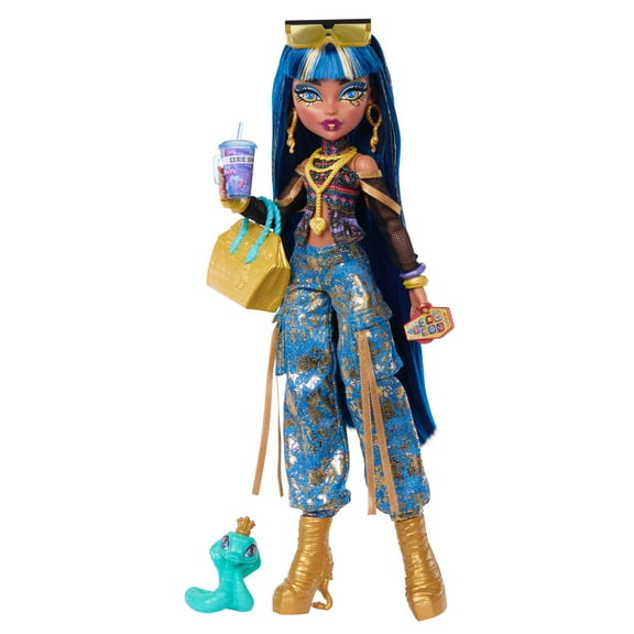 Monster High Cleo De Nile Fashion Doll in Cargo Pants with Pet Hissette and 7 Accessories