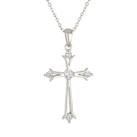 CLEOPIA 925 Sterling Silver Dainty Cross Necklace for Women, CZ Accented, 18 Inch, Rhodium Plated