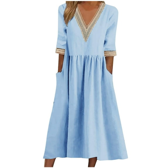 CLESALE Linen Dress Elegant Half Sleeve Solid Patchwork Dresses Daily V-Neck Comfy A-Line Midi Dresses for Women Patchwork Flowy Sundress(Light Blue L)
