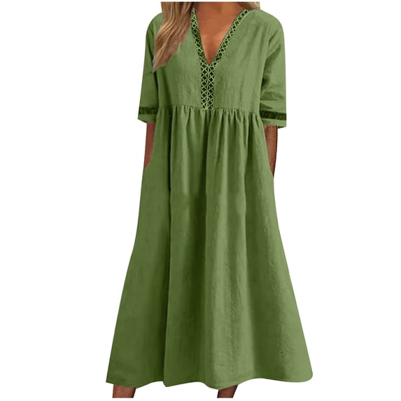CLESALE Plus Size Fall Dress Elegant Short Sleeve Solid Color Dresses Daily V-Neck Softy Swing Midi Dresses for Women Waisted Pleated Sundress(Green M)