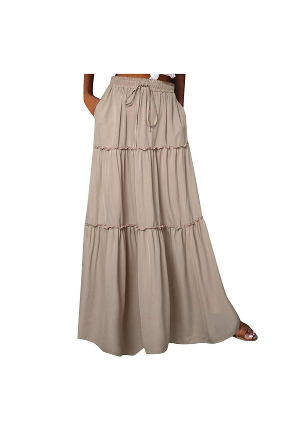 Skirts for Women Casual Solid Color Long Skirts for Women Daily High Waist Softy Elastic Pleated Cargo Skirt Layered Drawstring Cute Maxi Skirt(Beige M)