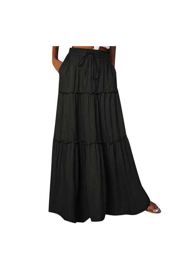 Skirts for Women Casual Solid Color Long Skirts for Women Daily High Waist Softy Elastic Pleated Cargo Skirt Layered Drawstring Cute Maxi Skirt(Black S)