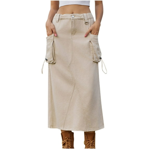 CLESALE Skirts for Women Fashion Solid Color Long Skirts for Women Daily High Waist Denim Stretch Jean Skirt Ruched Stright Cute Midi Skirt with Pocket(Khaki L)