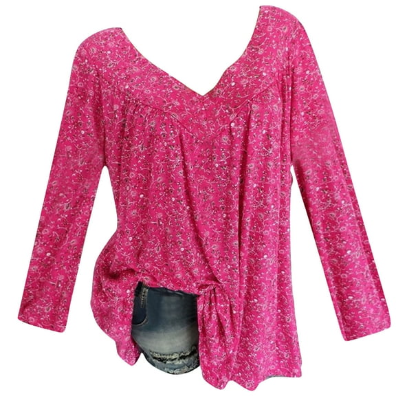 CLESALE Women Plus Size Long Sleeved V-Neck Print Blouse Pullover Tops Shirt Hot Pink XL