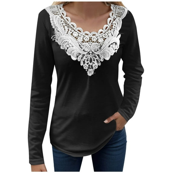 CLESALE Women'S Solid Color Pullover Lace V-Neck Long Sleeve T-Shirt Top(Black,XL)