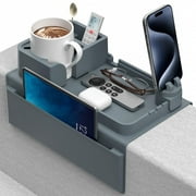CLESOO Couch Arm Tray, Couch Cup Holder, Silicone Sofa Arm Tray Anti-Slip Foldable with Dual Side Pocket Phone Holder Cup Holder Blue