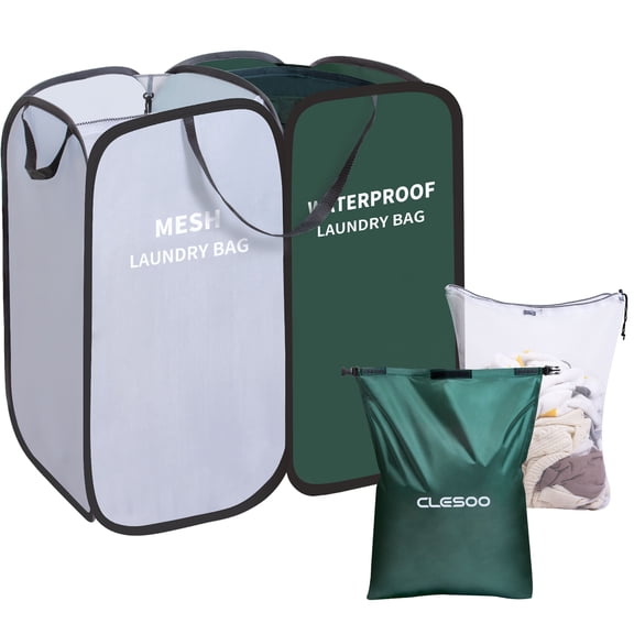 CLESOO Pop up Laundry Hamper, Collapsible Laundry Basket 2 Section Removable Clothes Storage, 106 L