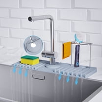 CLESOO Kitchen Sink Splash Guard, Silicone Sink Faucet Mat 15'' with Drying Rack, Kitchen Sink Organizer, Gray