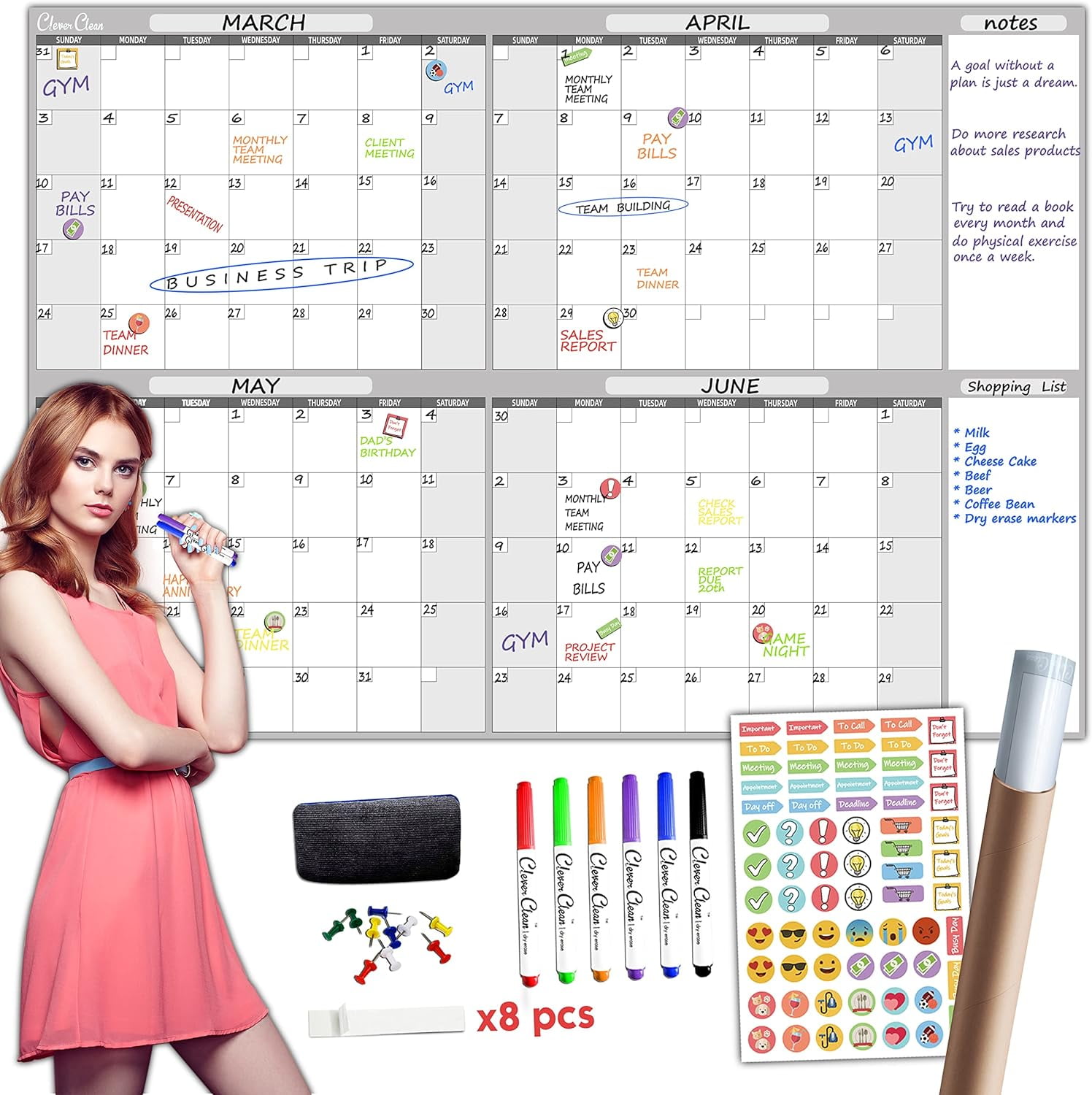 CLEVER CLEAN Large Dry Erase Wall Calendar - 36" x 52" Undated 4-Month Calendar for Home, Office, School - Reusable Jumbo Laminated Task Organizer