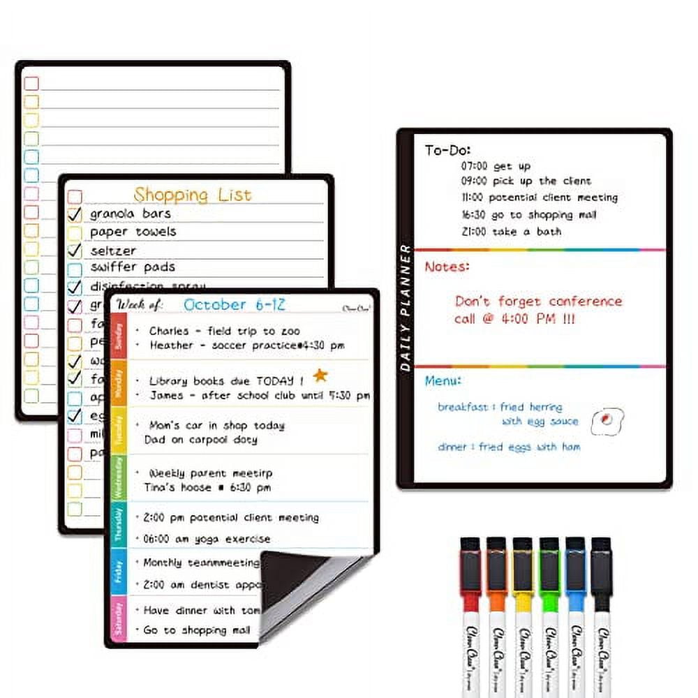 CLEVER CLEAN Magnetic Dry Erase List Board - 6.5"x8.5" Weekly, Daily, 2 List Boards for Fridge - 6 Extra Fine Point Markers Included - Shipped Flat