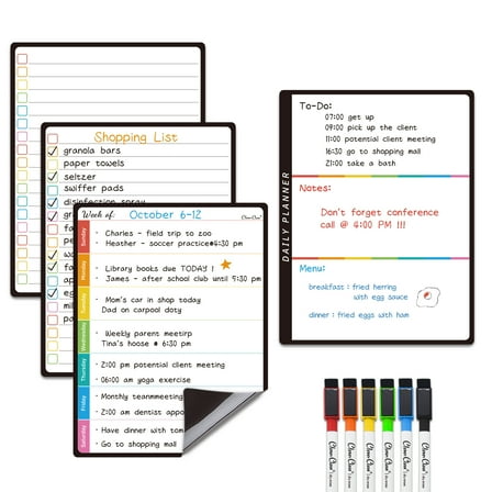CLEVER CLEAN Magnetic Dry Erase List Board - 6.5"x8.5" Weekly, Daily, 2 List Boards for Fridge - 6 Extra Fine Point Markers Included - Shipped Flat
