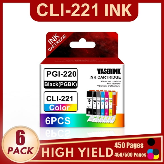 CLI-221 PGI-220 Ink cartridges Compatible for Canon CLI-221 PGI-220 ink for Canon PIXMA MX860 Printer1BK+1PGBK+1C+1M+1Y+1GY,6Pack