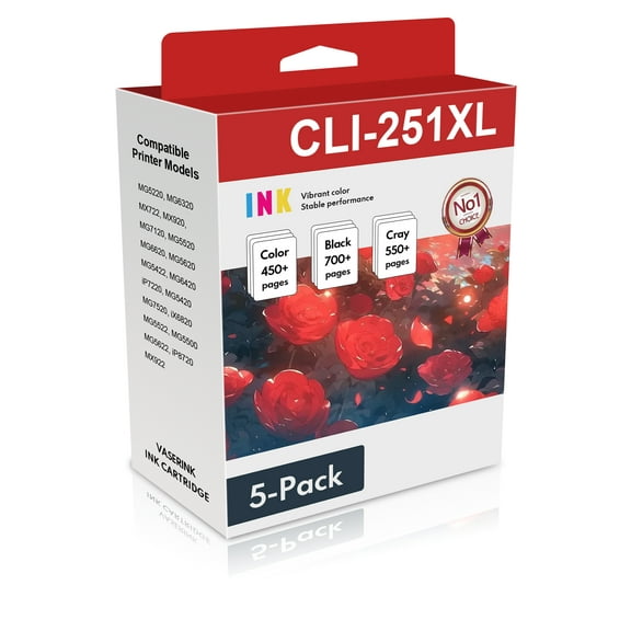 CLI-251XL Ink Cartridge(BK+C+M+Y+GY) Compatible with Canon CLI-251XL for Canon PIXMA MG5220 Printer