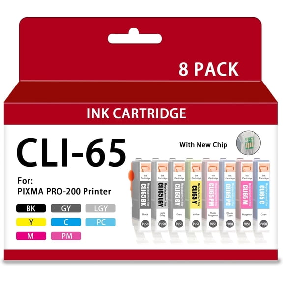CLI 65 CLI-65 Ink Cartridge with Chip Compatible with Canon PRO 200 / PRO 200S Printers (8-Pack, BK, C, M, Y, PM, PC, GY, LGY)