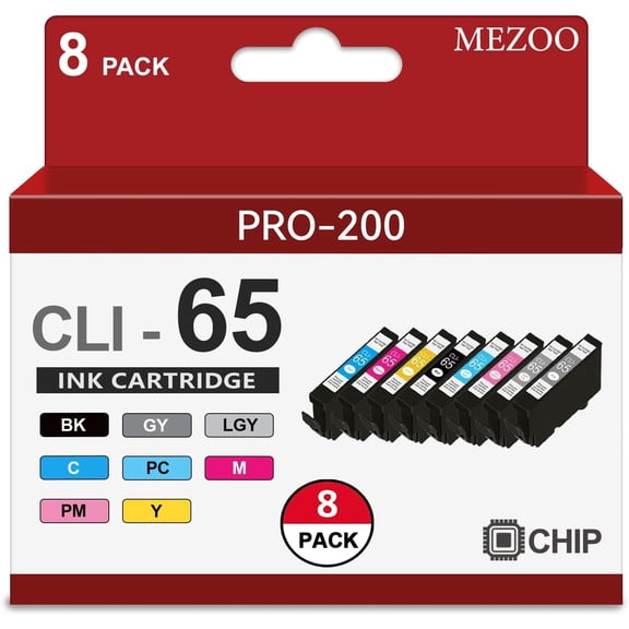 CLI-65 CLI65 Ink Cartridge with Chip High Capacity Compatible with Canon Pro-200 Pro-200S Printer (8-Pack, BK, C, M, Y, PM, PC, GY, LGY)