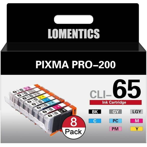CLI 65 Ink Cartridges 8-Pack High Capacity (1BK, 1GY, 1LGY, 1C, 1PC, 1M, 1PM, 1Y) CLI-65 Ink Replacement for  Pixma Pro 200 Ink Cartridge PRO-200 Printer