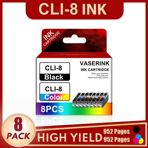 CLI-8 8 Pack Ink Cartridges (8-Pack,1BK 1C 1M 1Y 1PC 1PM 1R 1G) Compatible for Canon CLI-8 Ink Cartridges with Pixma Pro9000 Pro9000 Mark II Printer