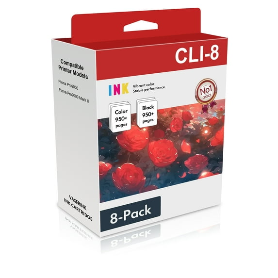 CLI-8 Ink Cartridge Compatible for Canon CLI-8 Ink Cartridge Compatible with Pro9000 Mark II Printer (8Pack,1 PGBK, 1 Cyan, 1 Magenta, 1 Yellow, 1 Photo Cyan, 1 Photo Magenta, 1 Red, 1 Green)