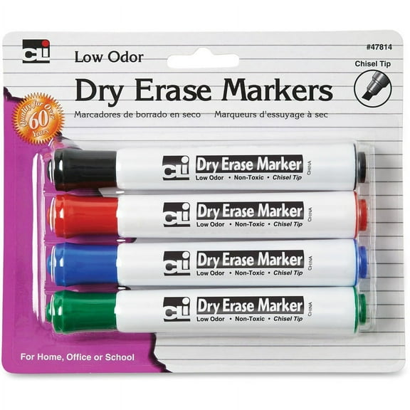 CLI Chisel Tip Dry Erase Markers - Chisel Marker Point Style - Black, Blue, Red, Green - 4 / Pack | Bundle of 5 Packs