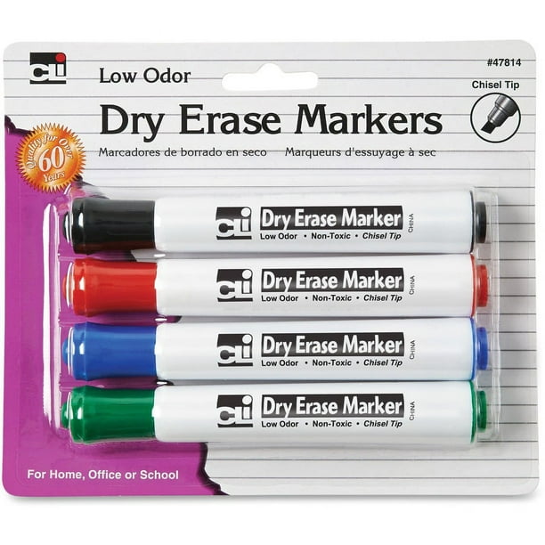 CLI Chisel Tip Dry Erase Markers - Chisel Marker Point Style - Black, Blue, Red, Green - 4 / Pack CLI Chisel Tip Dry Erase Markers - Chisel Marker Point Style - Black, Blue, Red, Green - 4 / Pack