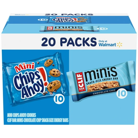 CLIF BAR Chocolate Chip Energy Bars & CHIPS AHOY! Cookies Mini Snacks Variety Pack, 20 Snack Packs