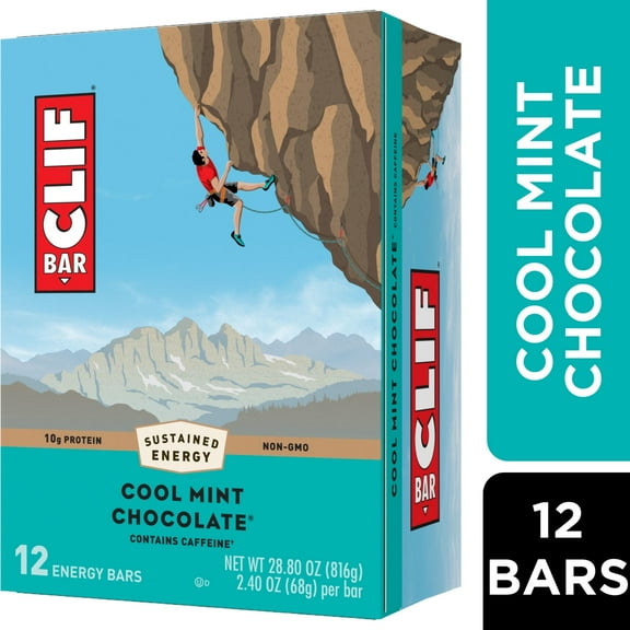 CLIF BAR - Cool Mint Chocolate with Caffeine - Made with Organic Oats - 10g Protein - Non-GMO - Plant Based - Energy Bars - 2.4 oz. (12 Pack)