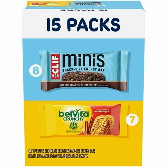 CLIF BAR Minis Energy Bars & belVita Crunchy Breakfast Biscuits, Snack Variety Pack, 15 Snack Packs