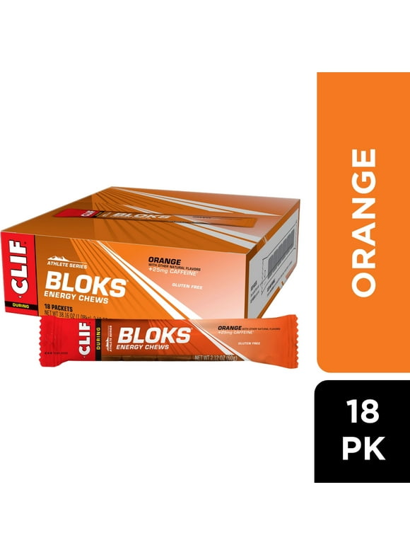 CLIF BLOKS - Orange Flavor with Caffeine - Energy Chews - Non-GMO - Plant Based - Fast Fuel for Cycling and Running - Quick Carbohydrates and Electrolytes - 2.12 oz. (18 Count)