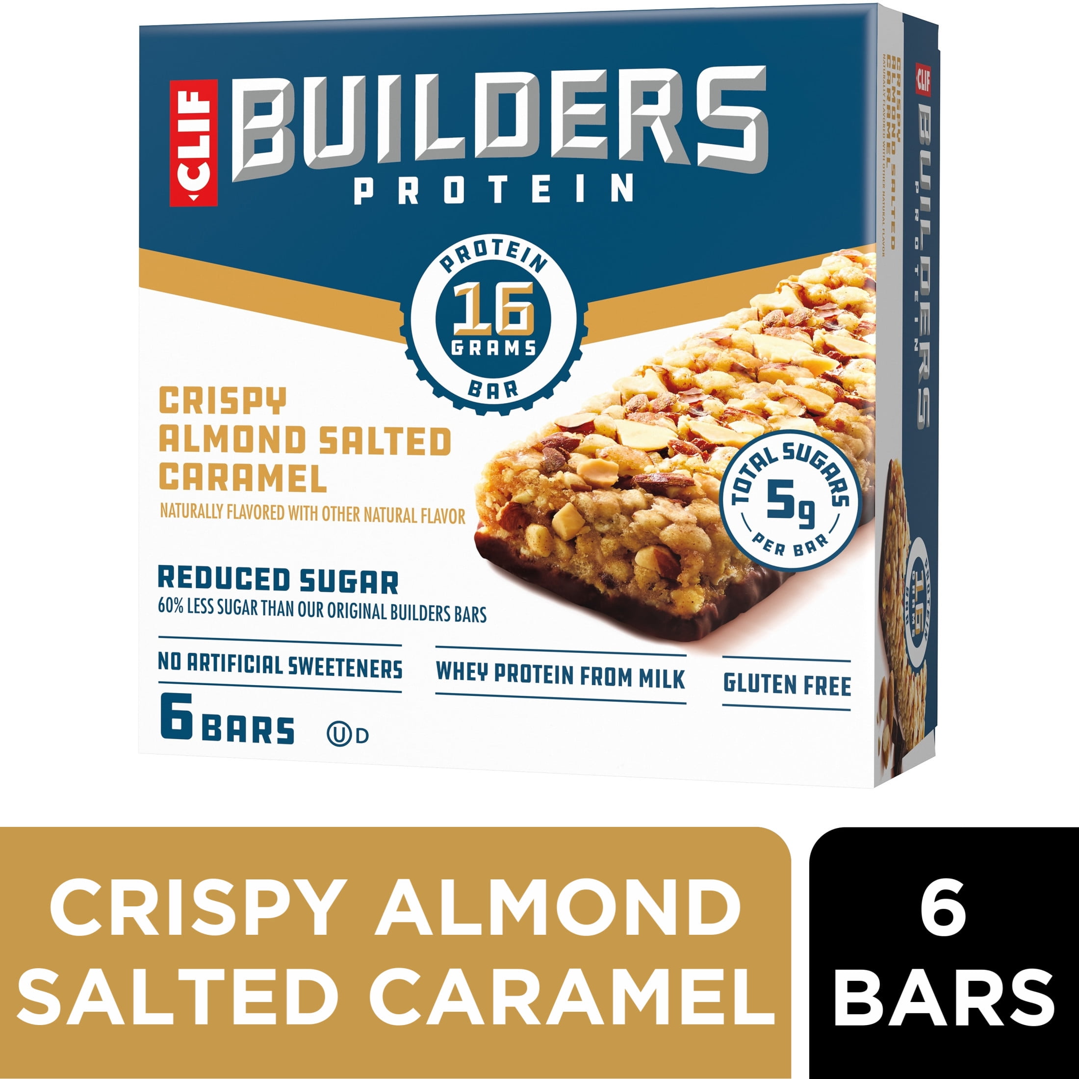 CLIF BUILDERS Protein Bars Crispy Almond Salted Caramel, Reduced Sugar, Gluten Free, 6ct