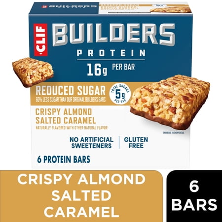 CLIF BUILDERS Protein Bars Crispy Almond Salted Caramel, Reduced Sugar, Gluten Free Bars, 6 Count