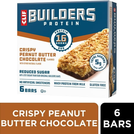 CLIF BUILDERS Protein Bars Crispy Peanut Butter Chocolate Flavored, Reduced Sugar, Gluten Free, 6ct