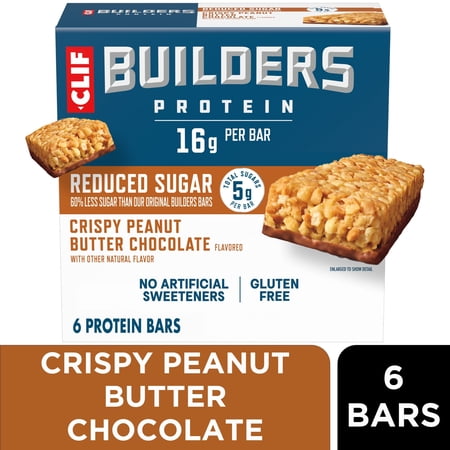 CLIF BUILDERS Protein Bars Crispy Peanut Butter Chocolate Flavored, Reduced Sugar, Gluten Free Bars, 6 Count