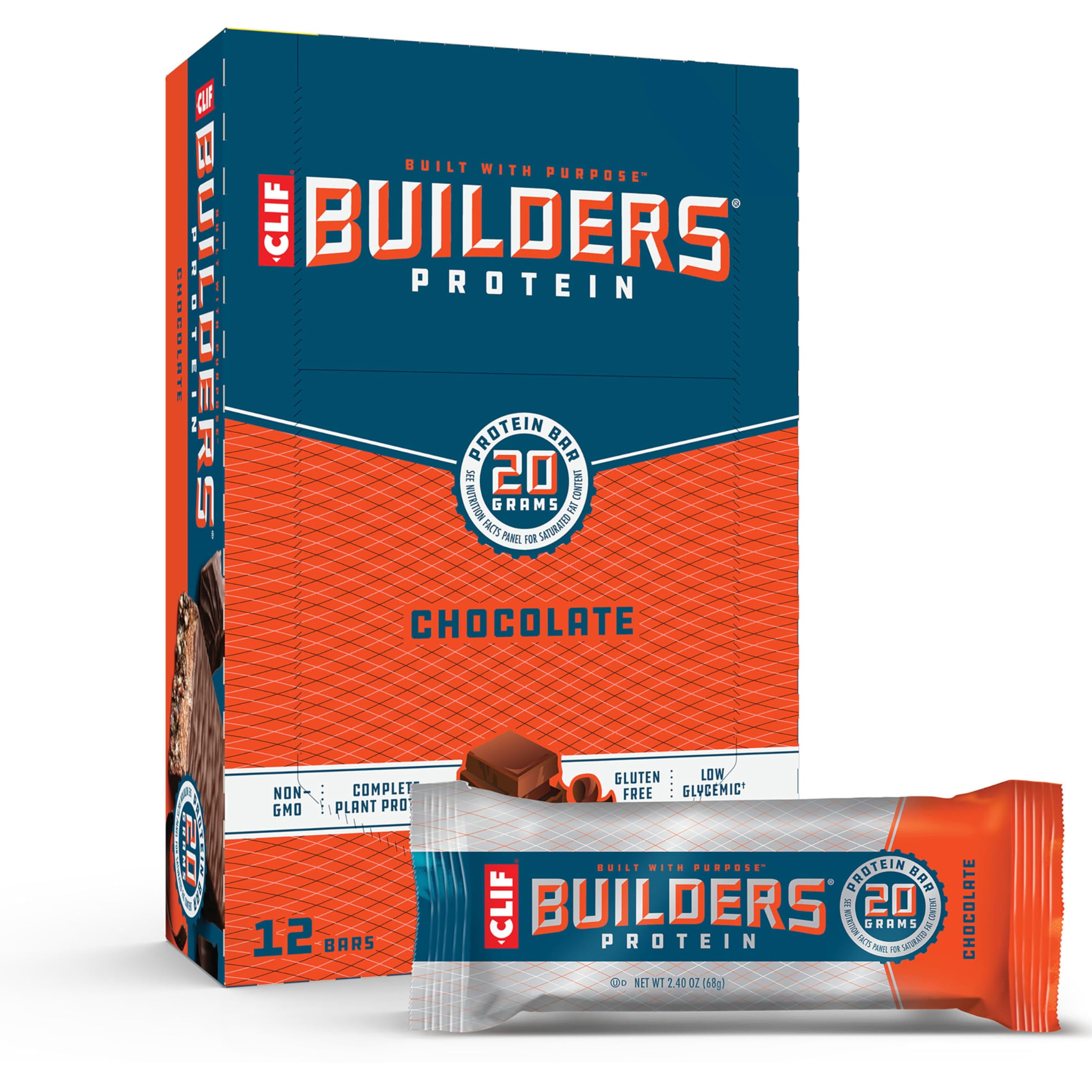 CLIF BUILDERS Protein AJH3Bars - Chocolate Flavor - 20g Plant Based Protein - Gluten Free - Non-GMO - Low Glycemic - No Artificial Sweeteners - 2.4 oz. (12 Pack)