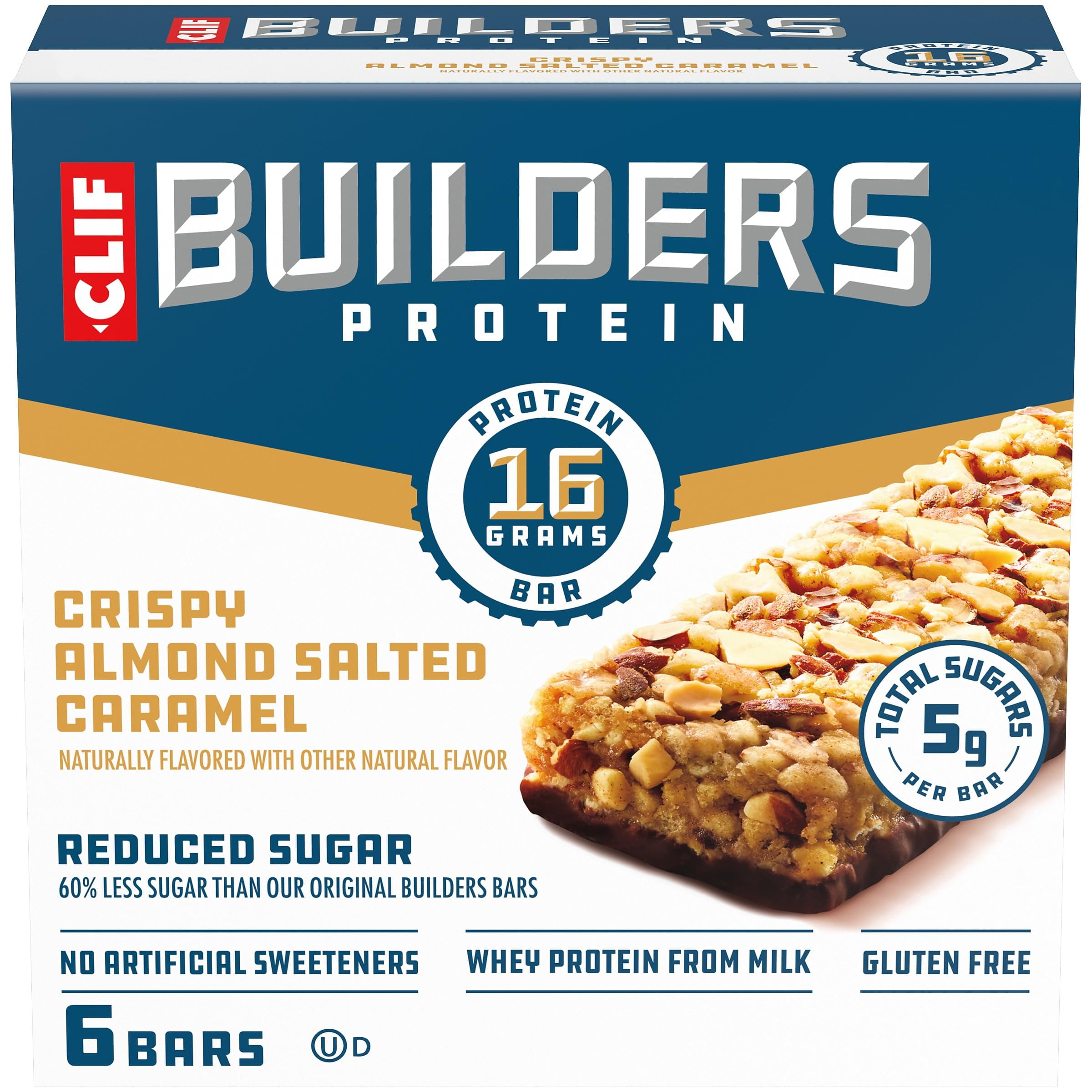 CLIF BUILDERS Protein AJH3Bars - Crispy Almond Salted Caramel - Reduced Sugar - Gluten Free - 16g Protein - No Artificial Sweeteners - 1.97 oz. (6 Pack)