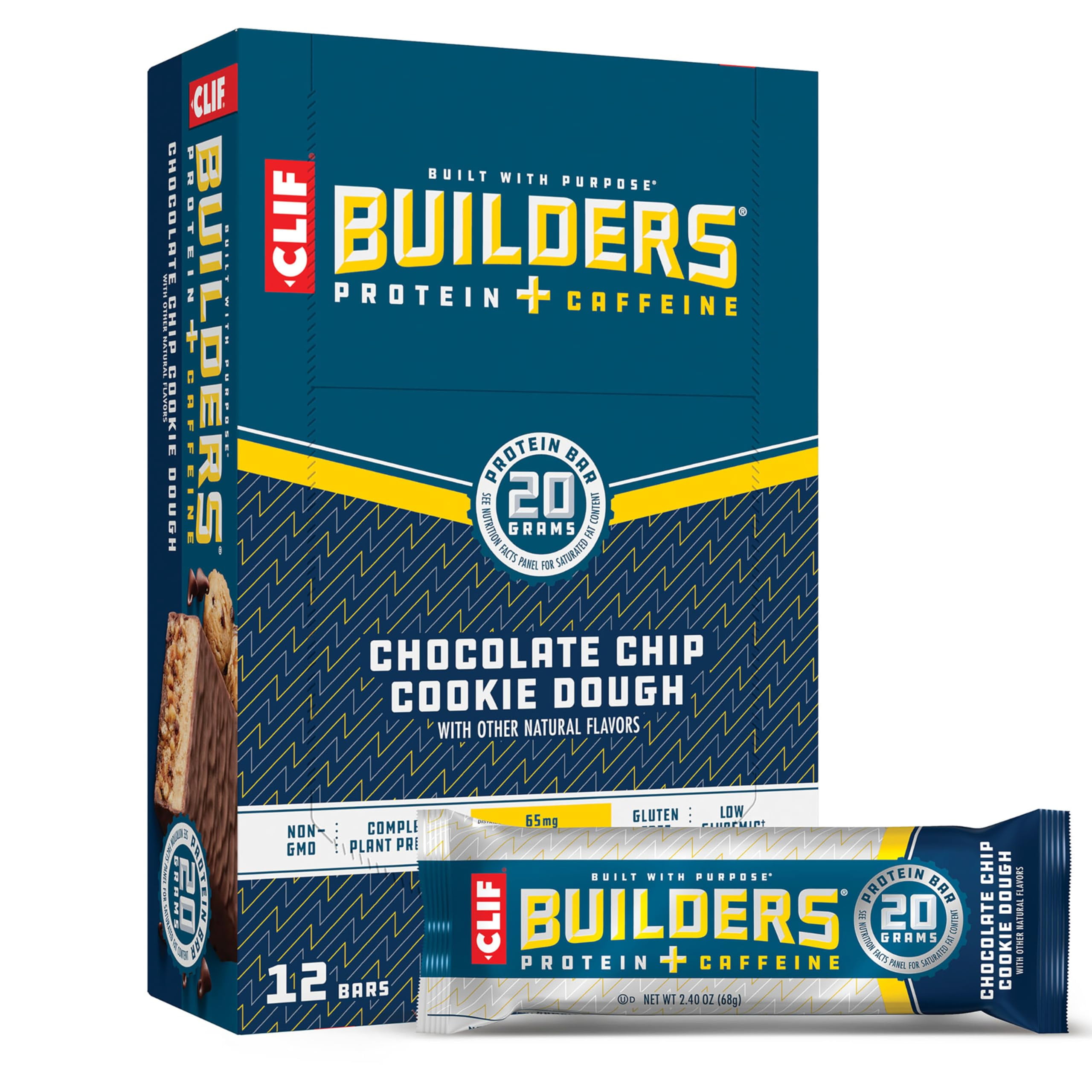 CLIF Builders + Caffeine DPF11- Chocolate Chip Cookie Dough Flavor - Plant Based Protein Bars - Gluten Free - Non-GMO - Low Glycemic - 20g Protein - 2.4 oz. (12 Count)